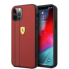 Ferrari "Debossed Stripes & Black Lines" Leather Case Θήκη προστασίας από γνήσιο καπιτονέ δέρμα – iPhone 12 Pro Max (Κόκκινη/Qui