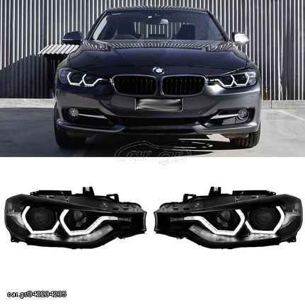 Μπροστινά Φανάρια Set Για Bmw 3 F30 / F31 11-15 3D Angel Eyes Μαύρα H7/H7 Με Μοτέρ Sonar