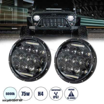 GloboStar® 85417 Σετ 2 x Φανάρια JEEP WRANGLER 7'' Ιντσών βασικού φωτισμού H/L με Ring Light DRL & Φλας LED CREE CXB COB 75W 12000lm DC 10-30V αδιάβροχα IP67 ψυχρό λευκό 6000K