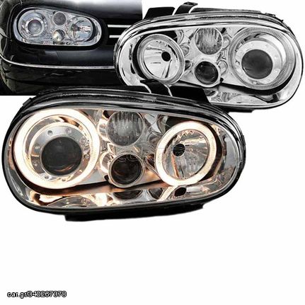 Μπροστινά Φανάρια Set Για Vw Golf IV (4) 97-03 Angel Eyes Χρωμίου H7/H7/H3 Depo