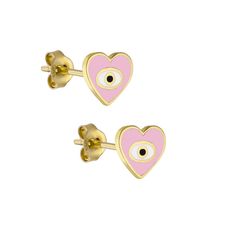 Χρυσά παιδικά καρφωτά σκουλαρίκια, 9 Καράτια, με ροζ σμάλτο και ματάκι S09-0006