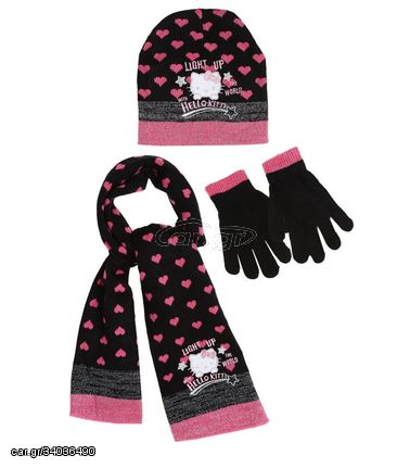 Hello Kitty ΣΕΤ σκουφάκι γάντια κασκόλ, Χρώμα Μαύρο