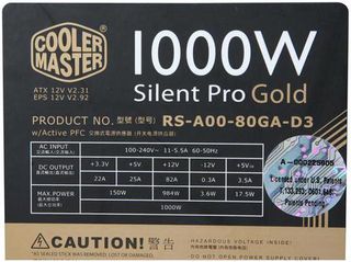 1000watt Cool master PSU power supply Silent Pro Gold Series modular τροφοδοτικό υπολογιστή pc  Μάρκα Cooler Master  Σειρά Silent Pro Gold Series  Μοντέλο RSA00-80GAD3-US  Λεπτομέριες  Τύπος ATX 12V v