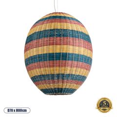 GloboStar® CABALLEROS 02066 Boho Κρεμαστό Φωτιστικό Οροφής Μονόφωτο 1 x E27 AC220-240V IP20 - Φ70 x Υ80cm - Πράσινο με Κίτρινο και Μπλε με Κόκκινο Ξύλινο Μπαμπού Πλέγμα - 5 Χρόνια Εγγύηση