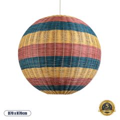 GloboStar® CABALLEROS 02063 Boho Κρεμαστό Φωτιστικό Οροφής Μονόφωτο 1 x E27 AC220-240V IP20 - Φ70 x Υ70cm - Μπλε με Κίτρινο και Κόκκινο Μπαμπού Πλέγμα Μπάλα - 5 Χρόνια Εγγύηση