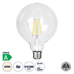 GLOBOSTAR® BUBBLE 99093 Λάμπα E27 G125 LED 4W 840lm 360° AC 220-240V IP20 Φυσικό Λευκό 4500K - Long Filament Chip - Διάφανο - Μ12.5 x Π12.5 x Υ13.8cm - 3 Χρόνια Εγγύηση