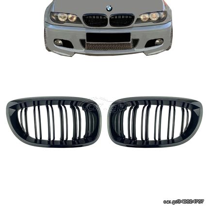 Carro Καρδιές Μάσκας Για Bmw 3 E46 03-06 Coupe/Cabrio M4 Look Με Διπλή Γρίλια  Μαύρο Γυαλιστερό 2 Τεμάχια