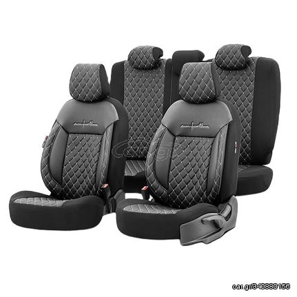 Καλύμματα αυτοκινήτου Otom Comfortline VIP Design Universal δερματίνη καπιτονέ σετ εμπρός / πίσω μαύρο με άσπρο κέντημα CMV-222 11τμχ
