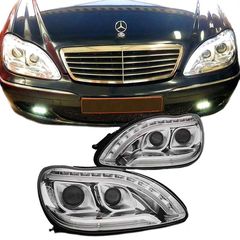 Μπροστινά Φανάρια Set Για Mercedes-Benz S-Class W220 98-05 DRL & Led Φλας Χρωμίου H7/H1 Manual JunYan