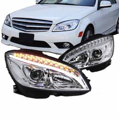 Μπροστινά Φανάρια Set Για Mercedes-Benz C-Class W204 07-10 DRL Tube Lights W222 Look Dynamic Φλας Χρωμίου H9/H9 Με Μοτέρ JunYan