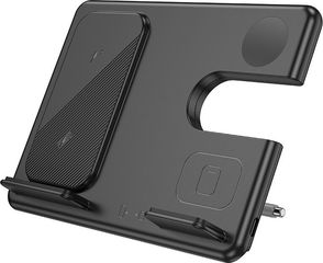 Hoco Επιτραπέζια Αναδιπλούμενη Βάση Ασύρματης Φόρτισης 3-σε-1 3A 15W Κάθετη Φόρτιση 3 Συσκευών 0-110° Μαύρη - (CQ2 Flash)