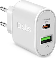 SBS Travel Charger 2 Ports USB/Type C Pd 20W White - (TRPD20W)