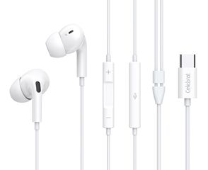 CELEBRAT earphones με μικρόφωνο E300, USB-C σύνδεση, Φ10mm, 1.2m, λευκά