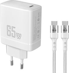 Powertech φορτιστής τοίχου με καλώδιο, USB-C, 65W, GaN, λευκός - (PT-1181)