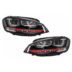 Μπροστινά Φανάρια Set Για Vw Golf VIΙ (7) 12-17 DRL U-Type GTI Μαύρα/Κόκκινο H7/H7 Με Μοτέρ Carner