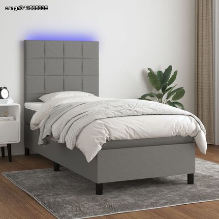 vidaXL Κρεβάτι Boxspring με Στρώμα & LED Σκ.Γκρι 90x190 εκ. Υφασμάτινο