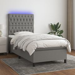 vidaXL Κρεβάτι Boxspring με Στρώμα & LED Σκ.Γκρι 100x200 εκ Υφασμάτινο