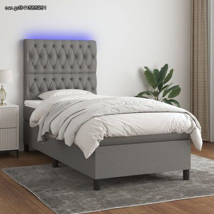 vidaXL Κρεβάτι Boxspring με Στρώμα & LED Σκ.Γκρι 100x200 εκ Υφασμάτινο