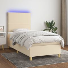 vidaXL Κρεβάτι Boxspring με Στρώμα & LED Κρεμ 90x200 εκ. Υφασμάτινο