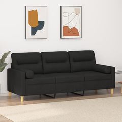 Καναπές Τριθέσιος Μαύρο 180 εκ. Υφασμάτινος με Μαξιλάρια - Μαύρο - 180 cm