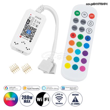 GloboStar® 73404 Ασύρματος Smart Home Wi-Fi LED RGBW Controller με 2 Εξόδους RGBW και Χειριστήριο 2.4Ghz RF DC 12V Max 144W - DC 24V Max 288W