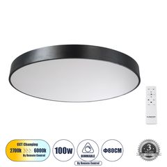 GloboStar® BURTON 61204-S Πλαφονιέρα Οροφής LED CCT 100W 11020lm 120° AC 220-240V - Εναλλαγή Φωτισμού μέσω Τηλεχειριστηρίου All In One Ψυχρό 6000k+Φυσικό 4500k+Θερμό 2700k Dimmable Φ80cm - Μαύρο - 3 Y