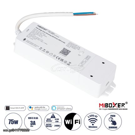 GloboStar® 71437 WL1-P75V24 Mi-BOXER DC Smart Wifi & RF 2.4Ghz & Push Dimming Power Supply Τροφοδοτικό SELV & Controller / Dimmer All in One AC100-240V σε DC 24V 1 x 3A 75W - Max 3A 75W - IP20 Μ19 x Π