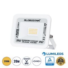 GloboStar® ATLAS 61409 Επαγγελματικός Προβολέας LED 20W 2300lm 120° AC 220-240V - Αδιάβροχος IP67 - Μ12 x Π2.5 x Υ9.5cm - Λευκό - Θερμό Λευκό 2700K - LUMILEDS Chips - TÜV Rheinland Certified - 5 Years