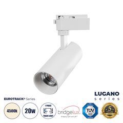 GloboStar® LUGANO 60807 Μονοφασικό Φωτιστικό Σποτ Ράγας LED 20W 2500lm 36° Acrylic HQ LENS AC 220-240V IP20 Φ6.5 x Υ22cm Φυσικό Λευκό 4500K - EUROTRACK® System 1L+1N - Λευκό - Bridgelux Chip - TÜV Cer
