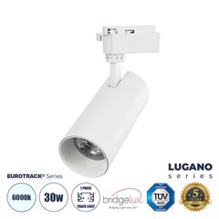GloboStar® LUGANO 60812 Μονοφασικό Φωτιστικό Σποτ Ράγας LED 30W 3900lm 36° Acrylic HQ LENS AC 220-240V IP20 Φ7.5 x Υ22.7cm Ψυχρό Λευκό 6000K - EUROTRACK® System 1L+1N - Λευκό - Bridgelux Chip - TÜV Ce