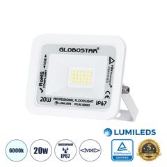 GloboStar® ATLAS 61407 Επαγγελματικός Προβολέας LED 20W 2500lm 120° AC 220-240V - Αδιάβροχος IP67 - Μ12 x Π2.5 x Υ9.5cm - Λευκό - Ψυχρό Λευκό 6000K - LUMILEDS Chips - TÜV Rheinland Certified - 5 Years