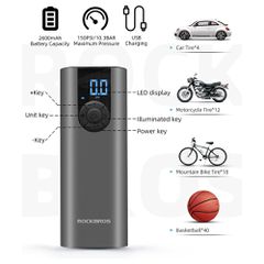 Rockbros 42720001001 Electric Bike Pump with LED Display + USB-C - USB-A Cable - Black-thumb-1