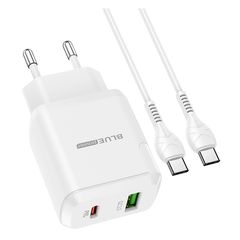 Φορτιστής τοίχου Μπλε Power BCN5, 20W, 3A, 1 X USB-A - 1 X USB-C, Με καλώδιο USB-C, Λευκό