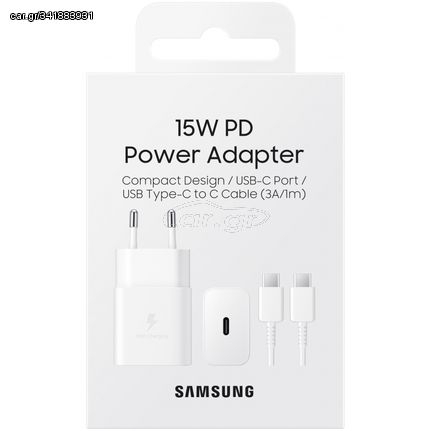 Φορτιστής τοίχου Samsung, 15W, 2A, 1 X USB-C, Με καλώδιο USB-C, Λευκό EP-T1510XWEGEU