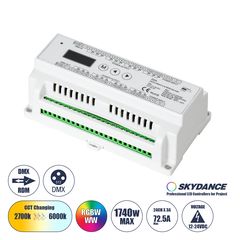 GloboStar® 71450 D24 SKYDANCE DC DMX & RDM Dimmer Din Rail Ράγας High Speed Controller / Decoder 24 Καναλιών DC 12-24V 24 x 3A 72W - Max 72.5A 1740W - IP20 Μ16 x Π9 x Υ6cm - 5 Years Warranty