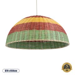 GloboStar® CABALLEROS 02061 Boho Κρεμαστό Φωτιστικό Οροφής Μονόφωτο 1 x E27 AC220-240V IP20 - Φ70 x Υ34cm - Πράσινο με Κίτρινο και Κόκκινο Ξύλινο Μπαμπού Πλέγμα Καμπάνα - 5 Χρόνια Εγγύηση