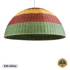 GloboStar® CABALLEROS 02062 Boho Κρεμαστό Φωτιστικό Οροφής Μονόφωτο 1 x E27 AC220-240V IP20 - Φ100 x Υ53cm - Πράσινο με Κίτρινο και Κόκκινο Ξύλινο Μπαμπού Πλέγμα Καμπάνα - 5 Χρόνια Εγγύηση