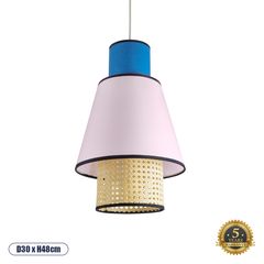 GloboStar® SAIGE 01921 Boho Κρεμαστό Φωτιστικό Οροφής Μονόφωτο 1 x E27 AC220-240V IP20 - Φ30 x Υ48cm - Μπεζ Μπαμπού Πλέγμα με Ροζ και Μπλε Υφασμάτινο Καπέλο - 5 Χρόνια Εγγύηση