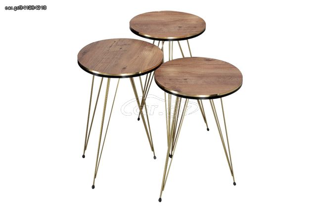Βοηθητικά τραπέζια "WAKMI" 3τμχ από μέταλλο σε oak/χρυσό χρώμα 33x33x55