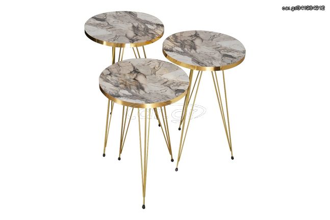 Βοηθητικά τραπέζια "WAKMI" 3τμχ από μέταλλο σε γκρι μαρμάρου/χρυσό χρώμα 33x33x55