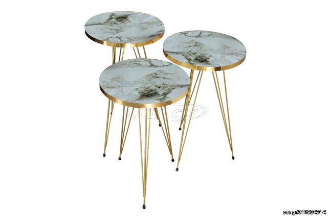 Βοηθητικά τραπέζια "WAKMI" 3τμχ από μέταλλο σε λευκό μαρμάρου/χρυσό χρώμα 33x33x55