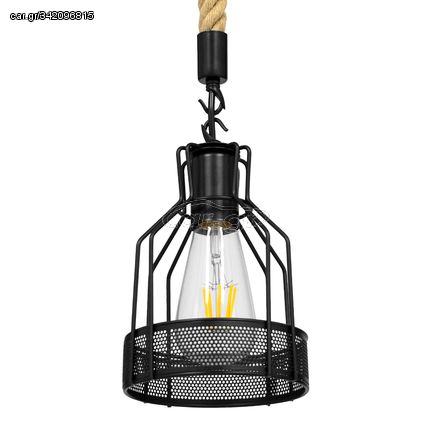 GloboStar® MASON 00881 Vintage Industrial Κρεμαστό Φωτιστικό Οροφής Μονόφωτο 1 x E27 Μαύρο με Μπεζ Σχοινί Φ15 x Y24cm