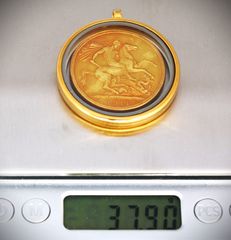 Πεντόλιρο Λίρα Αγγλίας επίχρυση σε μεγαλη θήκη με γυαλί και απο τις δυο πλευρές, για κολιέ κρεμαστό μενταγιόν 22Κ επίχρυσο  -thumb-11