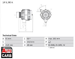 Δυναμό BOSCH 0986038160090 για MERCEDES-BENZ CABRIOLET 1991-1993, MERCEDES-BENZ C-CLASS 1993-2000, MERCEDES-BENZ COUPE 1987-1993