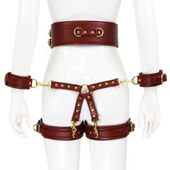 NAUGHTY TOYS wine red leather corset cuffs hog tie restraints 4p