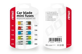Amio - Ασφάλειες τύπου Mini τάση λειτουργίας 12-24V ένταση ρεύματος 1x5A, 1x7.5A, 2x10A, 2x15A, 2x20A, 1x25A, 1x30A για Επιβατικά Αυτοκίνητα και Φορτηγά - 10 τεμ. (01139/AM)