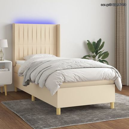 vidaXL Κρεβάτι Boxspring με Στρώμα & LED Κρεμ 90x200 εκ. Υφασμάτινο