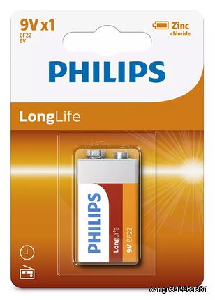 PHILIPS LongLife Zinc chloride μπαταρία 6F22L1B/10, 6F22 9V, 1τμχ