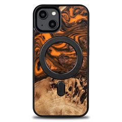 Wood and Resin Case for iPhone 14 MagSafe Bewood Unique Orange - Orange and Black