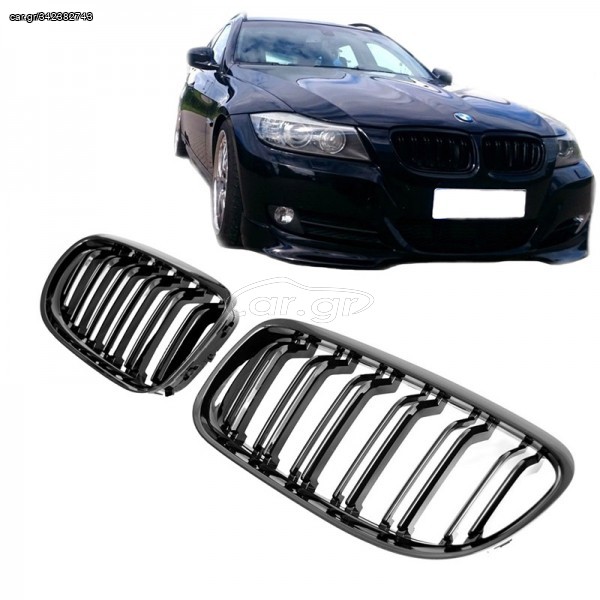 Καρδιές Μάσκας Για Bmw 3 E90 E91 08-11 M4 Look Με Διπλή Γρίλια Μαύρο Γυαλιστερό 2 Τεμάχια